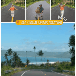 Collage of tropical road trip: three top panels with travelers on a palm-lined highway, yellow JLS banner, and a coastal road below.