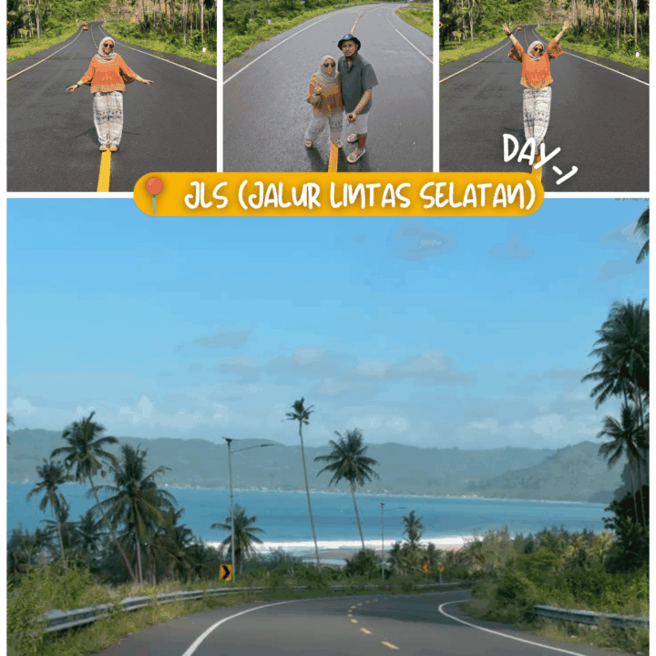 Collage of tropical road trip: three top panels with travelers on a palm-lined highway, yellow JLS banner, and a coastal road below.
